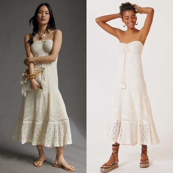 FARM Rio Dresses & Skirts - Farm Rio Dress Anthropologie Crochet Maxi Strapless Beach White XL NWT